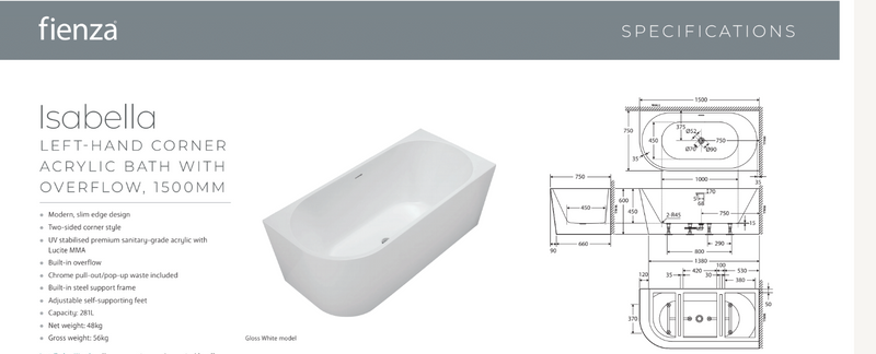 Isabella Left-Hand Acrylic Corner Bath with Overflow, Gloss White, 1500mm