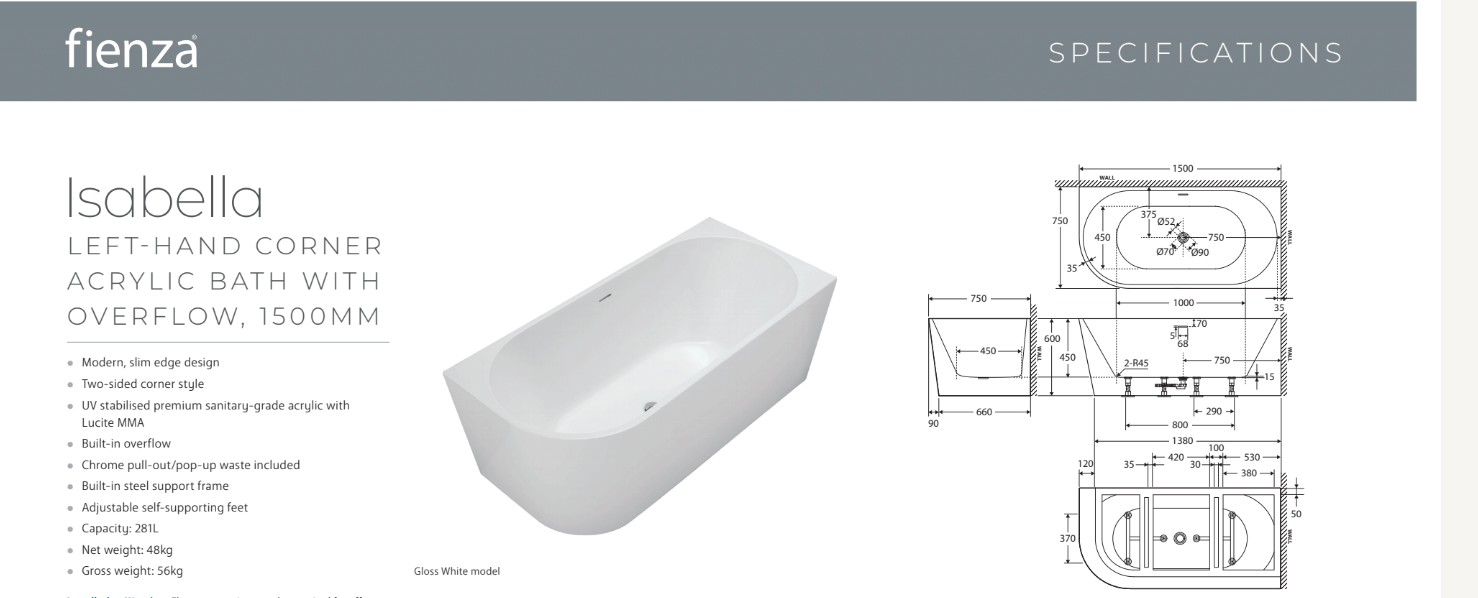 Isabella Left-Hand Acrylic Corner Bath with Overflow, Gloss White, 1500mm