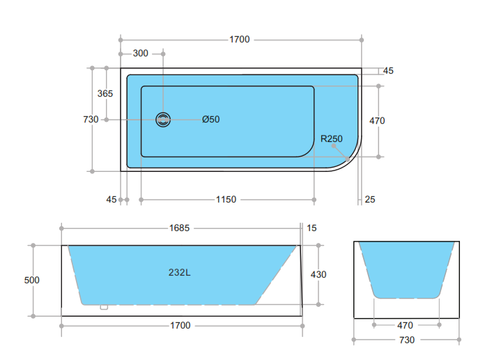 Back To Wall Right Corner Bathtub