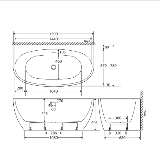 Keeto Back-To-Wall Acrylic Bath with Overflow, 1500mm
