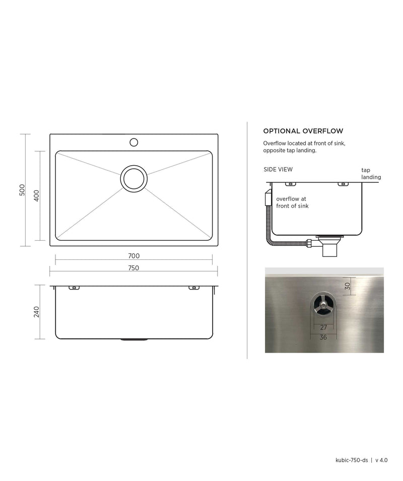 SEIMA Kubic Deep 750 Stainless Steel Sink, 70 Litre, 240MM Deep