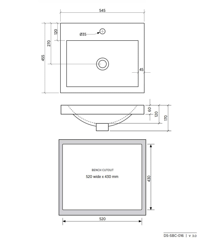 SEIMA Kyra 016 Ceramic Inset Above Counter Basin, Rectangular