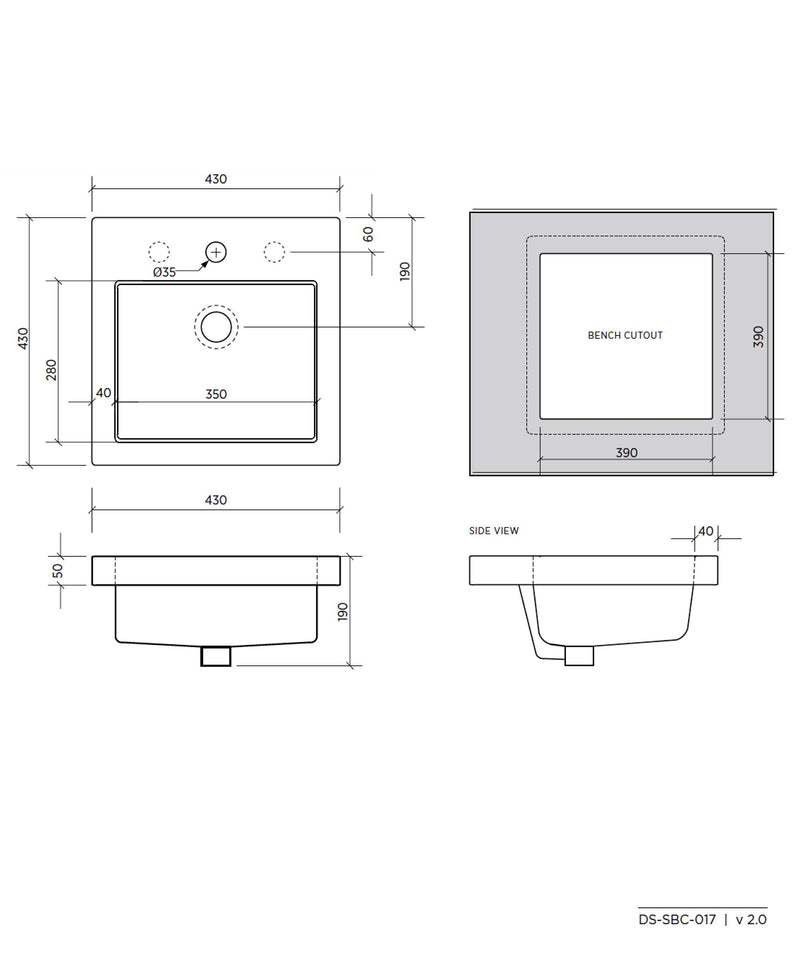 SEIMA Kyra 017 Ceramic Inset Above Counter Basin, Square