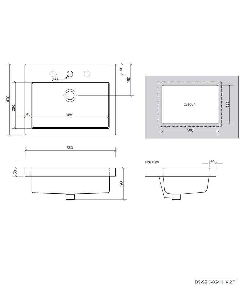 SEIMA Kyra 024 Ceramic Inset Above Counter Basin, Rectangular
