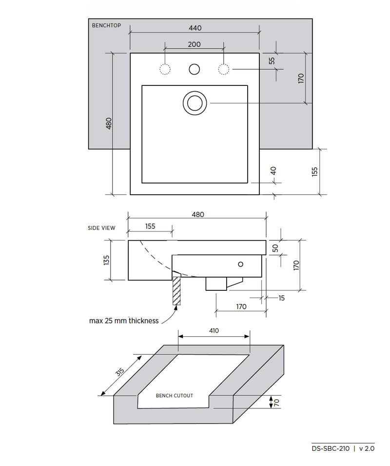 SEIMA Kyra 210 Ceramic Semi-recessed Basin, Square