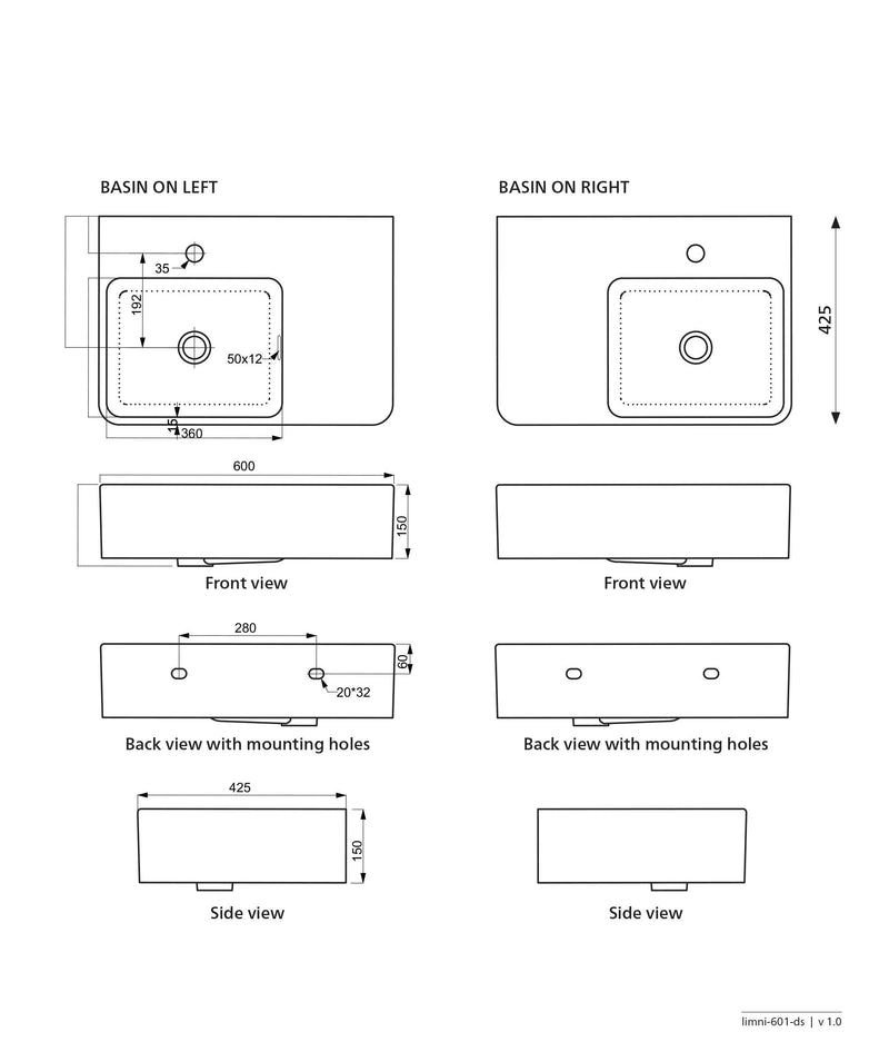 SEIMA Limni 601 Ceramic Wall Basin With Shelf