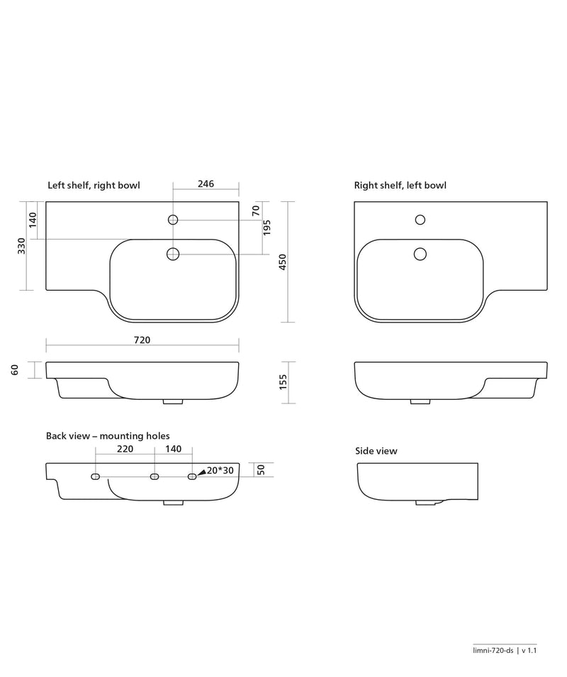 SEIMA Limni 720 Ceramic Wall Basin With shelf RH Bowl, Left Shelf