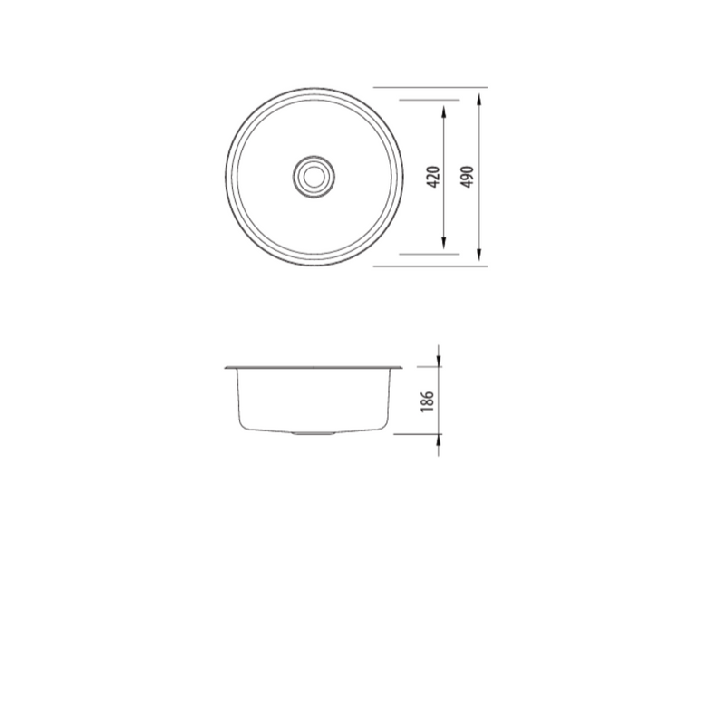 Oliveri Solitaire Round Bowl Sink No Tap Hole  490mm Ext Round Bowl