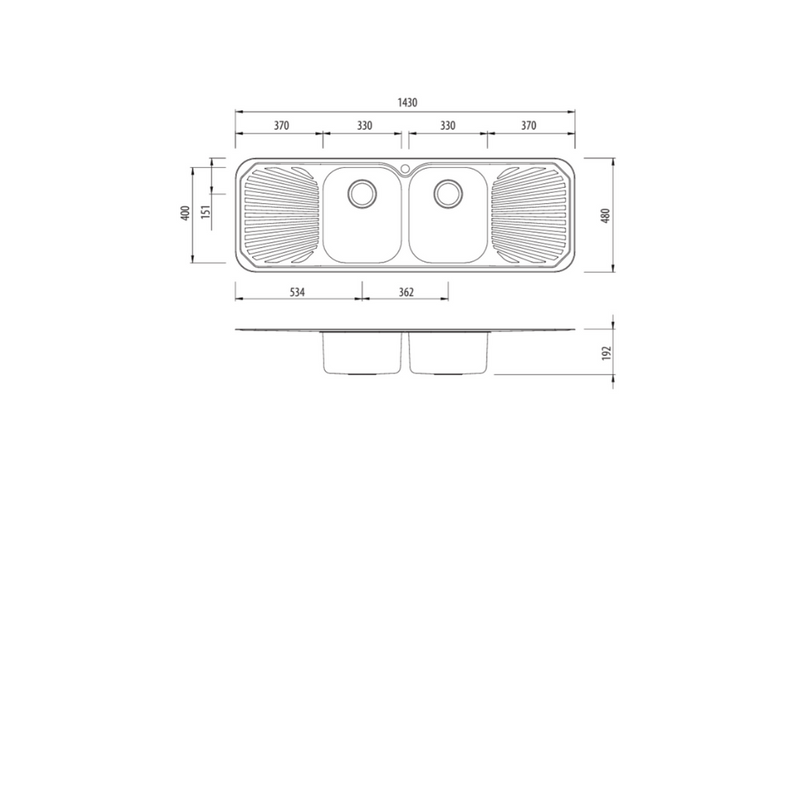 Oliveri Petite Double Bowl Sink With Double Drainer 1430mm Centre Dbl Bowl