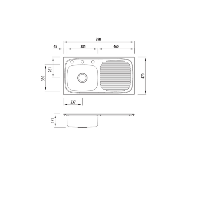 Oliveri Ultraform Single Bowl Sink With Drainer 890mm