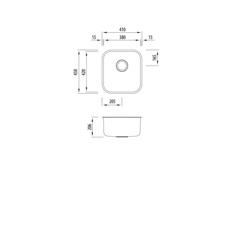 Oliveri Nu-Petite Standard Bowl Undermount Sink Bowl 380x420x200mm
