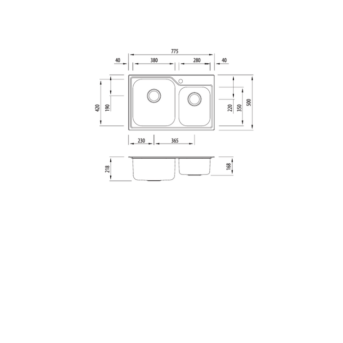 Oliveri Nu-Petite 1 & 3/4 Bowl Topmount Sink 775mm