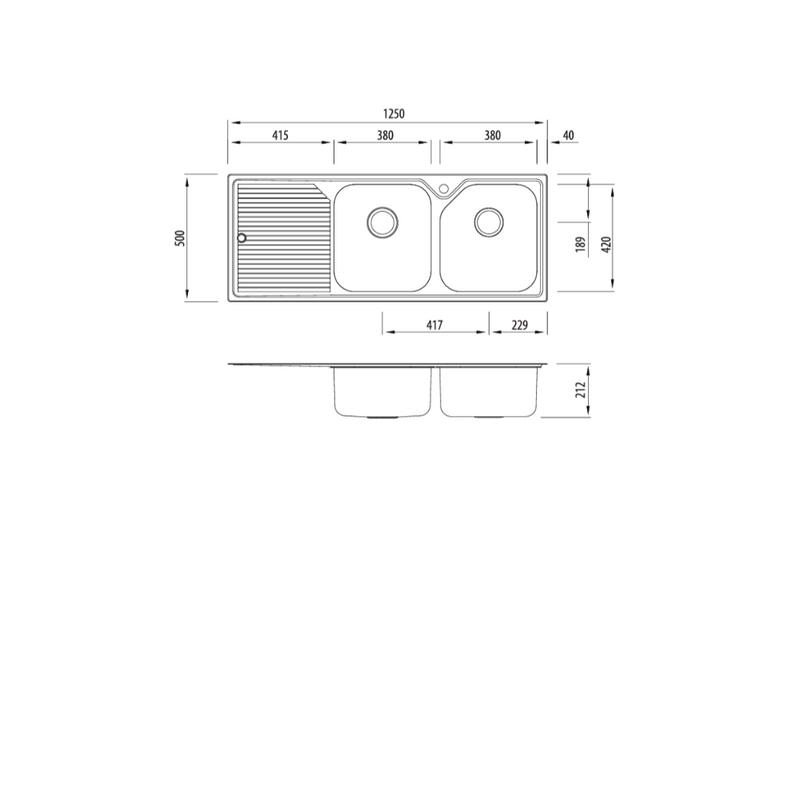 Oliveri Nu-Petite RH Double Bowl Topmount Sink With Drainer 1250mm- No Tap Hole