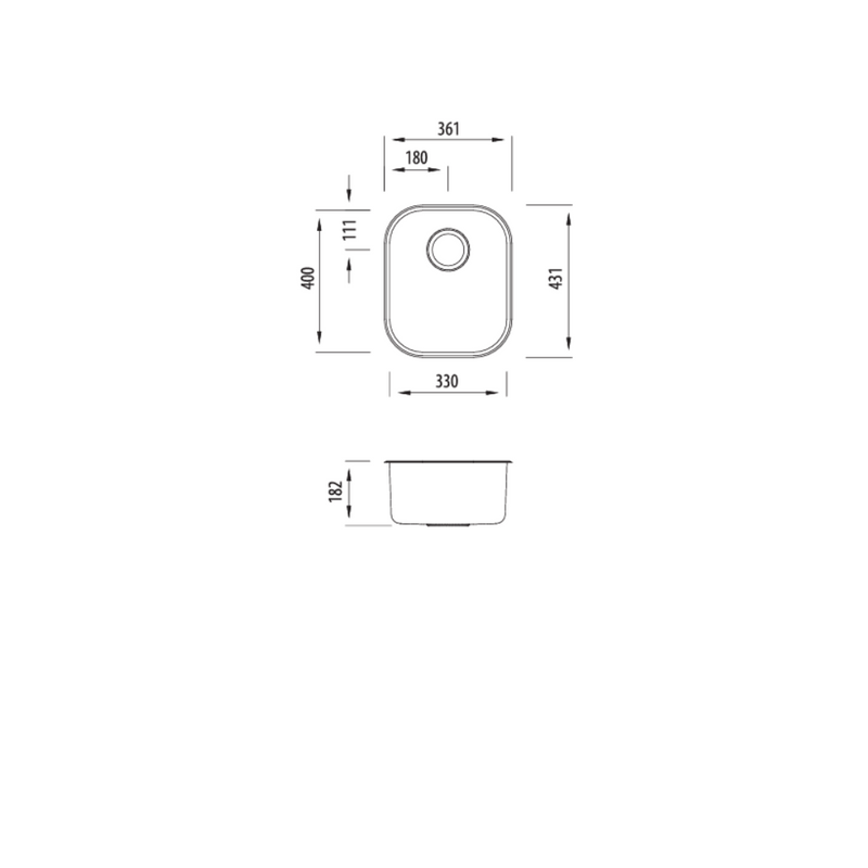 Oliveri Diaz Standard Bowl Undermount Sink 360mm Single Bowl