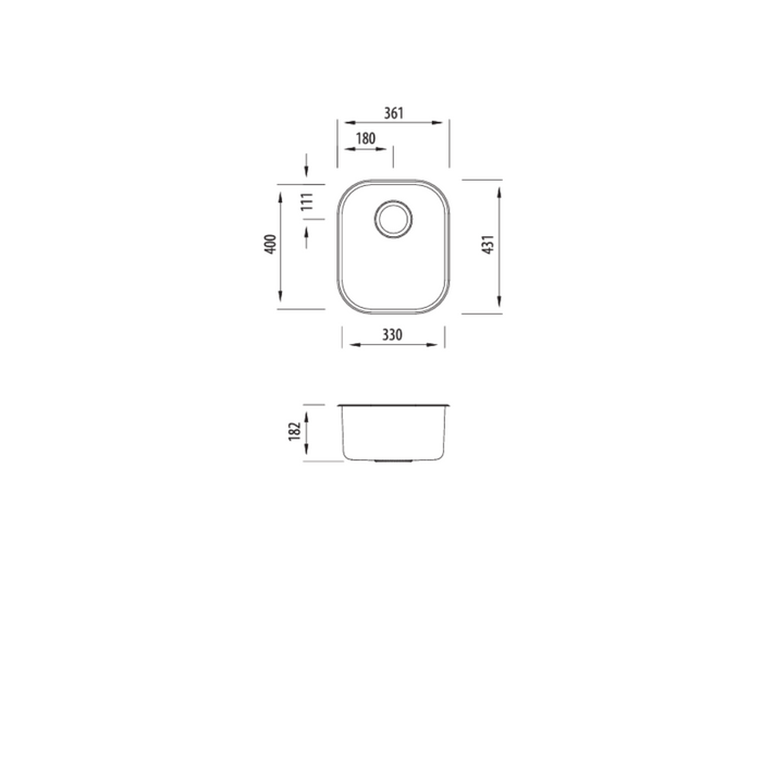 Oliveri Diaz Standard Bowl Undermount Sink 360mm Single Bowl