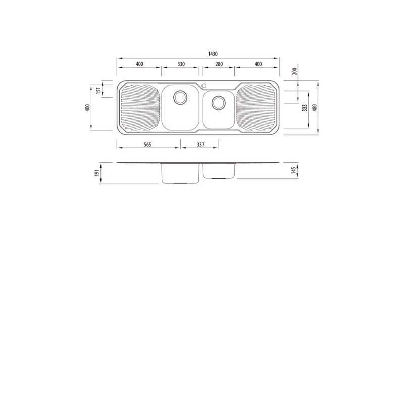 Oliveri Petite RH 1 & 3/4 Bowl Sink With Double Drainer 1430mm