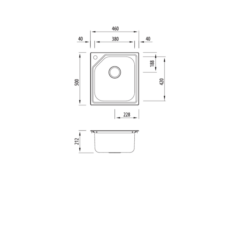 Oliveri Nu-Petite Standard Bowl Topmount Sink No Tap Hole 5-SIDED Inset Bowl 460mm