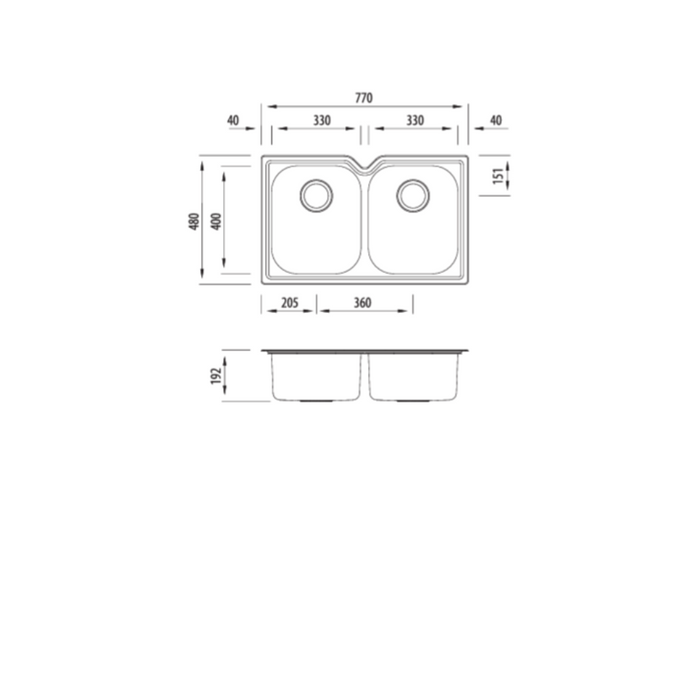 Oliveri Diaz Double Bowl Undermount Sink 770mm