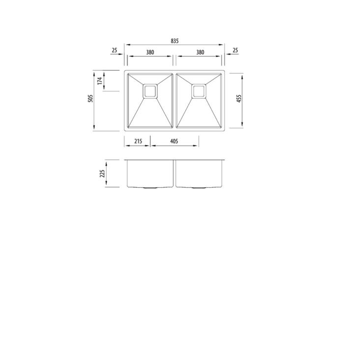 Oliveri Professional Series Double Bowl Undermount Sink 835x505x225mm