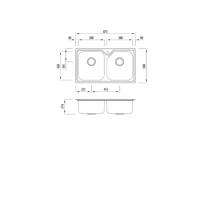 Oliveri Nu-Petite Double Bowl Topmount Sink 875mm Double Bowl