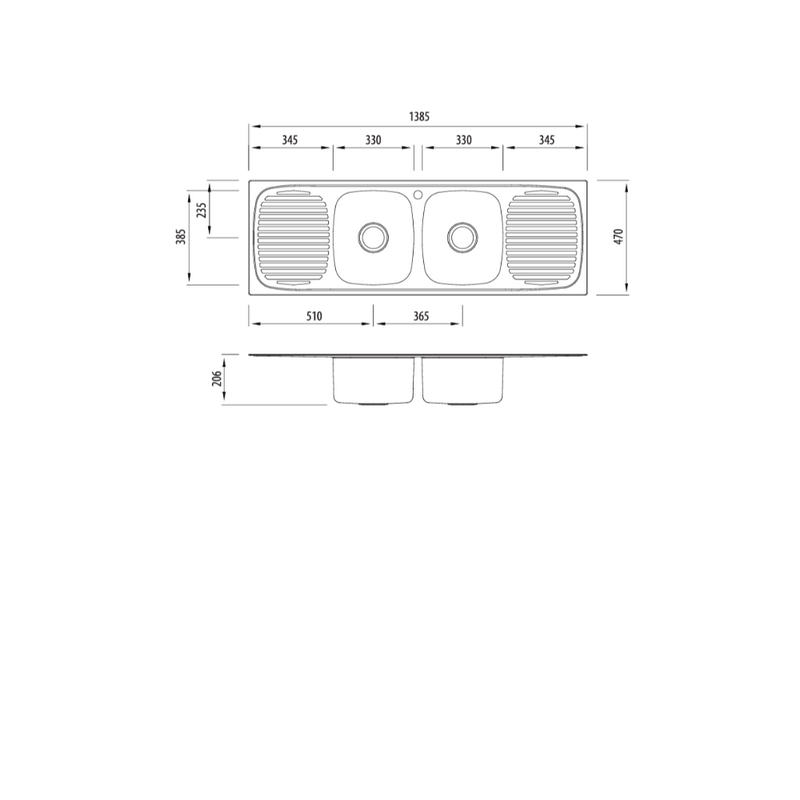 Oliveri Ultraform Double Bowl Sink With Double Drainer 1385mm