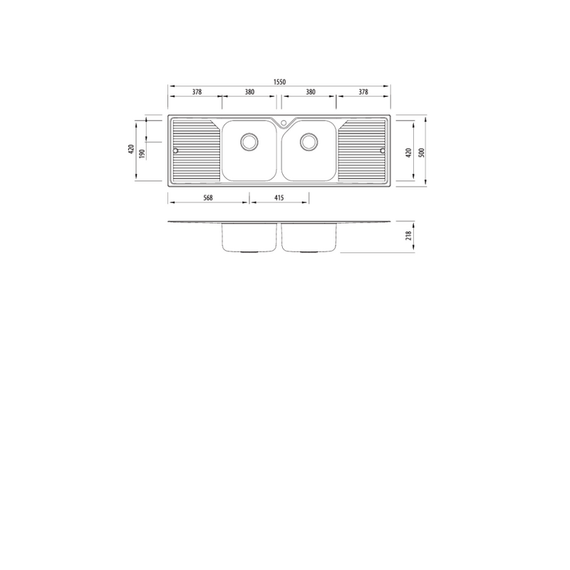 Oliveri Nu-Petite Double Bowl Topmount Sink With Double Drainer 1550mm Double Centre Bowl