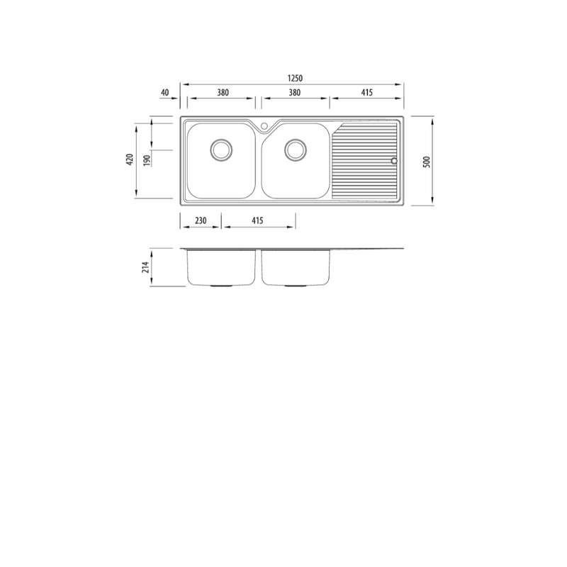 Oliveri Nu-Petite Double Bowl Topmount Sink With Drainer 1250mm- 1 Tap Hole