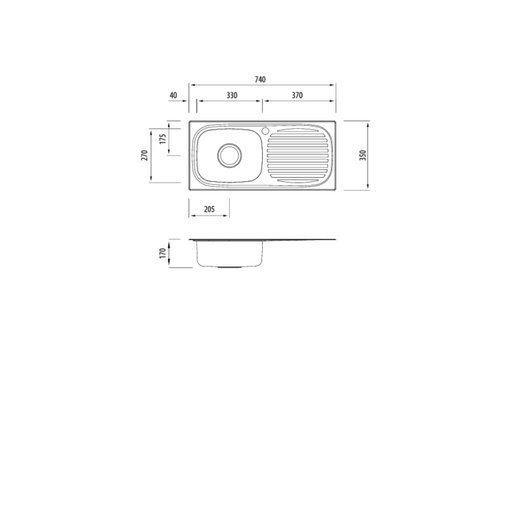 Oliveri Martini Single Bowl Sink With Drainer 740 x 350 MM Sink