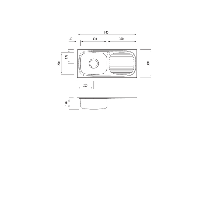 Oliveri Martini Single Bowl Sink With Drainer 740 x 350 MM Sink