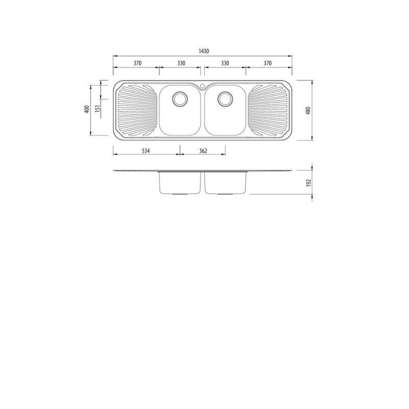 Oliveri Petite Double Bowl Sink With Double Drainer 1430mm Centre Dbl Bowl