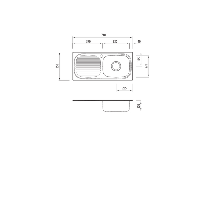 Oliveri Martini Single Bowl Sink With Drainer 740 x 350 MM Sink