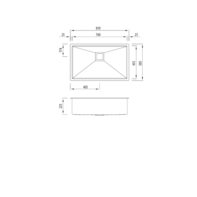Oliveri Professional Series Single Mega Bowl Undermount Sink  810x505x225mm