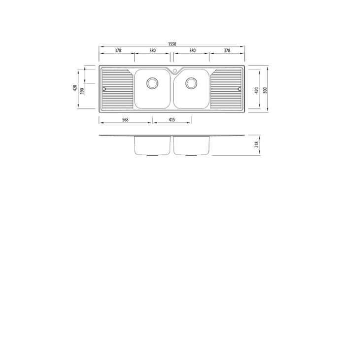 Oliveri Nu-Petite Double Bowl Topmount Sink With Double Drainer 1550mm