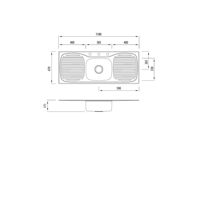 Oliveri Ultraform Single Bowl Sink With Double Drainer 3Tap Hole Sink 1180mm Centre Bowl