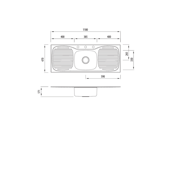 Oliveri Ultraform Single Bowl Sink With Double Drainer 3TH Sink 1180mm Centre Bowl