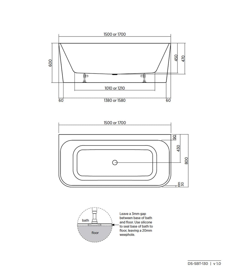 SEIMA Plati 130 - Smartfill System - Back to Wall Bath - 2 Sizes Freestanding Bath with Smartfill system - colour options