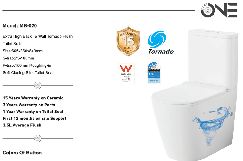 Zumi Vera Extra High Whirlpool Flushing Back to Wall Toilet Suite