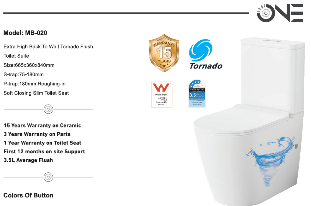 Zumi Vera Extra High Whirlpool Flushing Back to Wall Toilet Suite