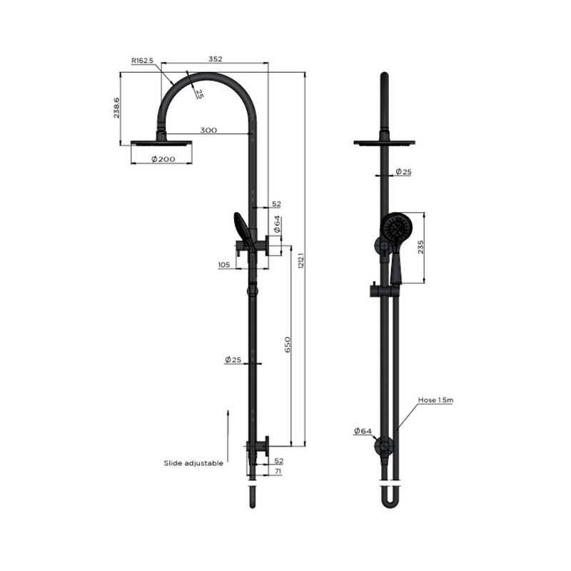 Meir Round Gooseneck Shower Set with 200mm rose, Three-Function Hand Shower