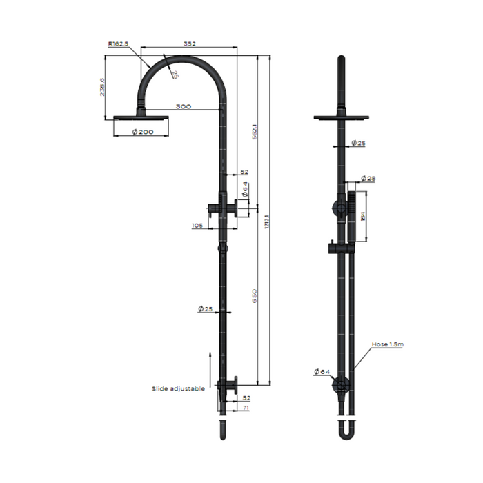 Meir Round Gooseneck Shower Set with 200mm Rose, Single-Function Hand Shower