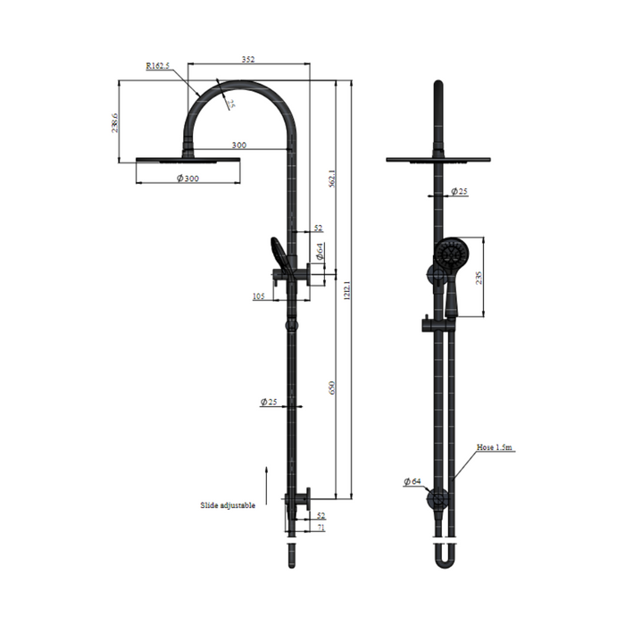 Meir Round Gooseneck Shower Set with 300mm Rose, Three-Function Hand Shower